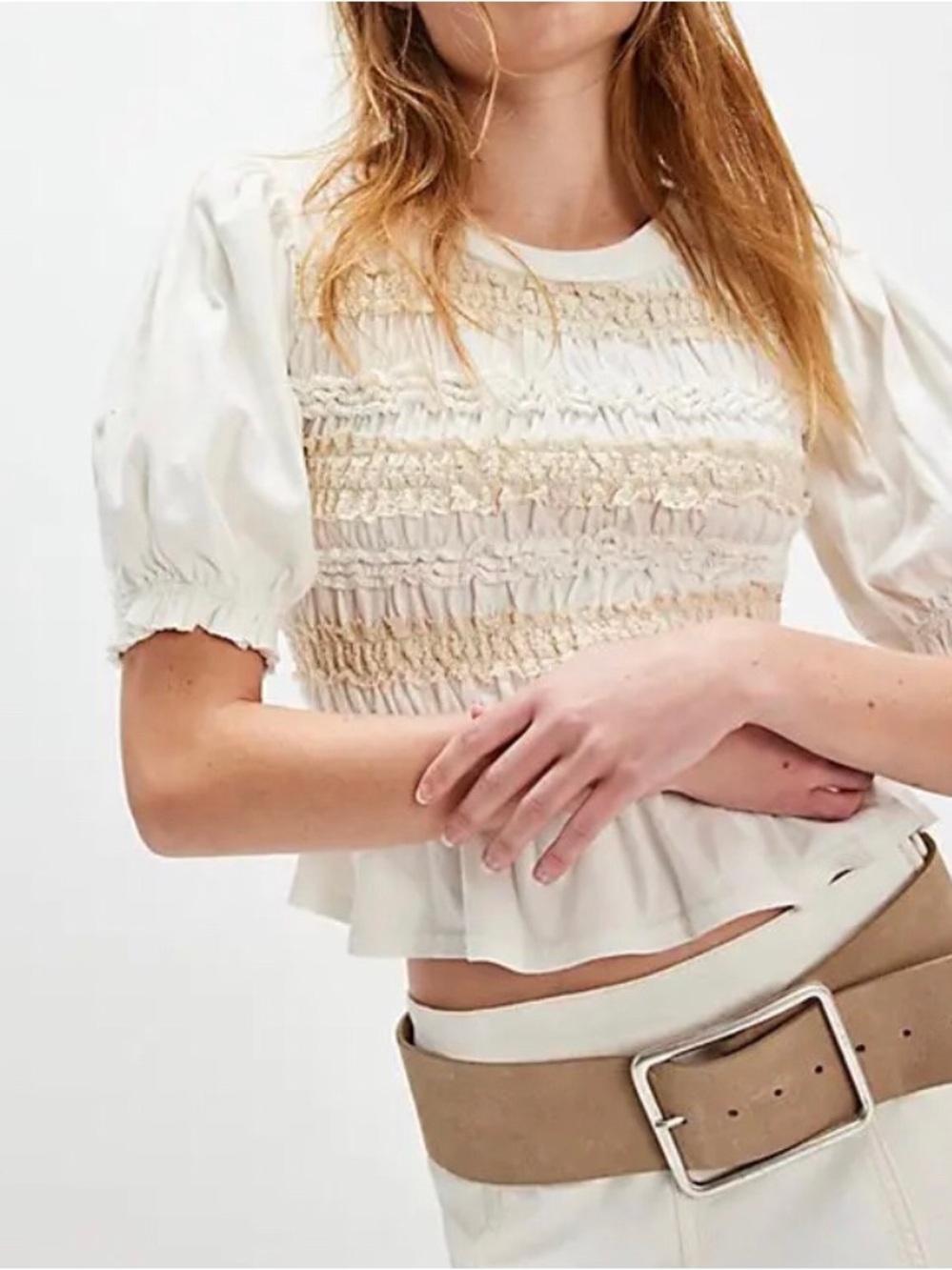 Free People Maxey Knit Top Cream Smocked Puff-Sleeve